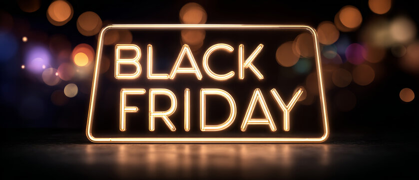 Bright neon Black Friday sign shines in a dark space creating a vibrant and festive mood with floating glowing dust and a blurred background