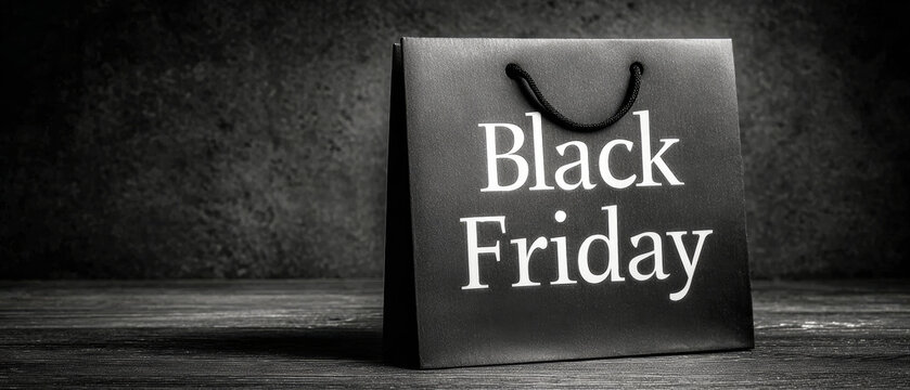 A black shopping bag stands against a dark backdrop. The words Black Friday are clearly visible. There is empty space on the right for additional text