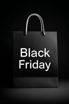 A close-up view of a black bag marked with Black Friday in white letters showing details of a sale. The setting has controlled studio lighting in high resolution
