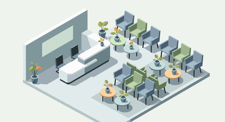 Fototapeta premium Clean isometric waiting room with plants, tables, and chairs for a modern office or clinic