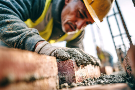 A worker places bricks on a construction site during the day with tools and materials nearby while concentrating on building a structure
