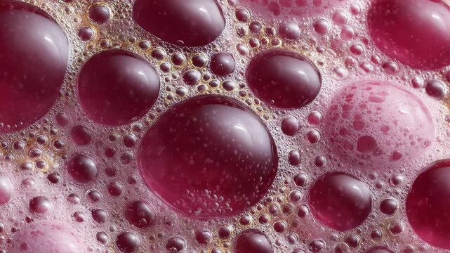 Red wine fermentation process showing carbon dioxide bubbles rising in the must