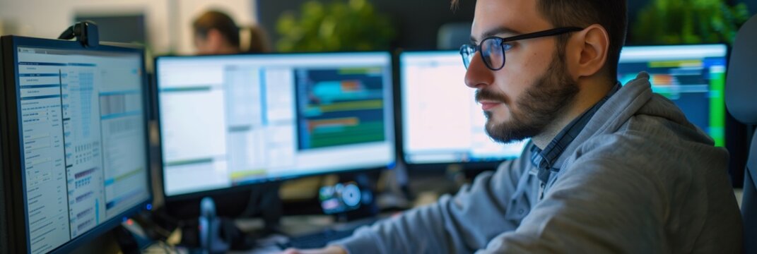 A man works as an operator specialist in a computer data center in front of many monitors with charts and data