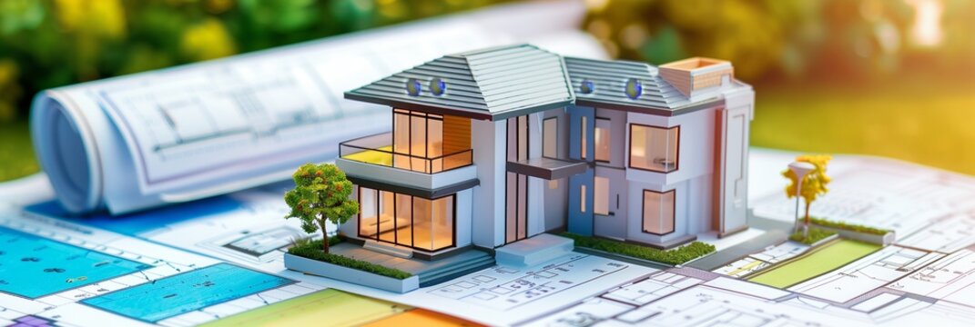 3d rendering project of new building model house on blueprint plan
