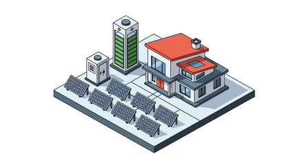 Naklejka premium Isometric illustration depicting a modern smart home powered by sustainable solar energy with integrated battery storage, showcasing an advanced residential renewable power system for a green future