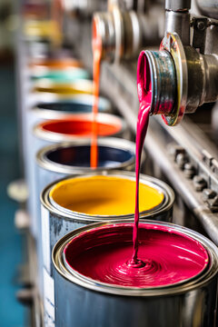 Cans on a production line are filled with various colorful paints. The factory equipment shines as the paint is poured from above into the waiting containers