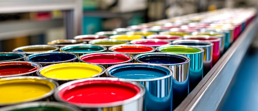 Brightly colored paint cans sit in two rows on a factory production line. Natural light highlights the vivid colors against a lively background