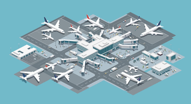 Isometric airport terminal with planes, vehicles, and terminal buildings, showcasing modern travel infrastructure in a bustling hub