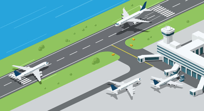 Isometric view of an airport tarmac with multiple airplanes parked and taxiing on the runway