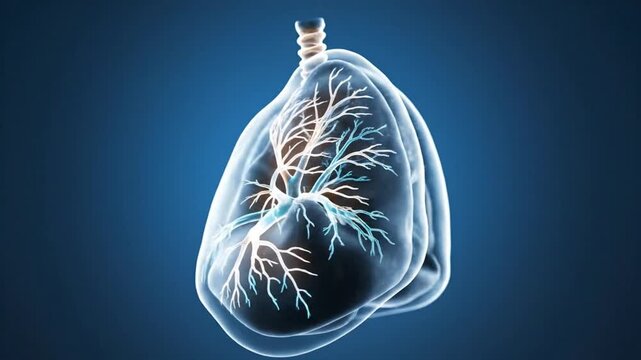 A detailed video illustration of human lungs with trachea and bronchi on a dark blue background