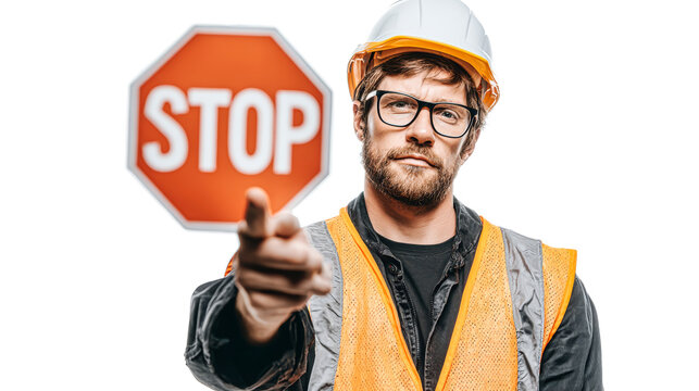 A construction worker is in an orange vest and white hard hat. He holds a stop sign and points at it while looking at the camera
