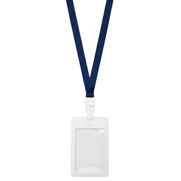 Clear plastic badge holder with a dark blue lanyard with neck strap