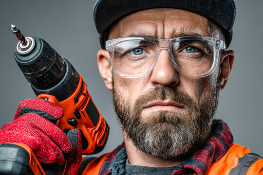 A worker is holding a power drill with one hand. He wears gloves and glasses while looking directly at the camera. This is a close-up shot in a studio