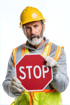 Tired construction worker stands against white background, holding a stop sign and wearing a hard hat and reflective vest while pointing to the word Stop