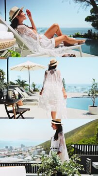 Travel, relax or woman at poolside with series, tropical trip and happiness on summer break. Collage, wellness or mature person at resort with peace, sunny vacation or tourist getaway in Australia.