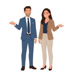 Fototapeta premium Businessman and Businesswoman Presenting with Open Hands Vector Illustration, Isolated Transparent Background for Corporate Presentations or Team Collaboration Concepts