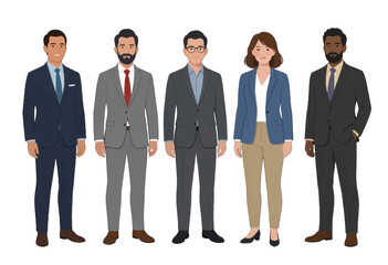 Fototapeta premium Business Team of Five Diverse Professionals Standing in Formal Suits, Isolated Vector Illustration for Corporate and Leadership Concepts