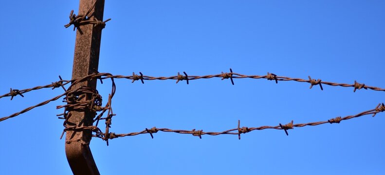 Rusty barbed wire on a vintage metal fence post against a clear blue sky. Symbolic image of border security, prison, human rights, and historical memory at Kaunas Ninth Fort memorial site.