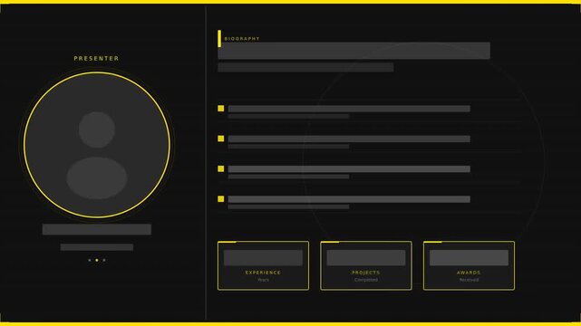 A minimalistic presentation slide featuring a circular placeholder for a presenter and outlined sections