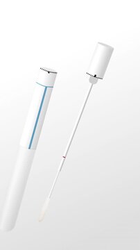 Close-up vertical composition of medical swab and container in a soft gradient environment, emphasizing sterile diagnostic workflow and precise sample handling in healthcare context.
