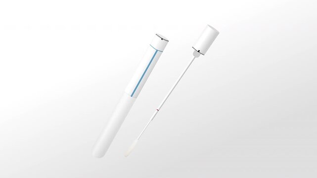Minimal medical animation showing a sterile swab and tube floating on a clean light background, highlighting diagnostic sampling equipment with soft shadows and clinical clarity.