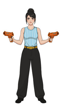 Female Character Holding Two Orange Water Guns, Cartoon Illustration, Isolated on Transparent Background for Game or App UI