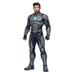 Obraz premium Futuristic Superhero in Armored Suit Standing Pose, Vector Illustration with Transparent Background for Game and Movie Design
