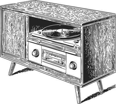 Vintage wooden record player cabinet with vinyl turntable and radio tuner illustration