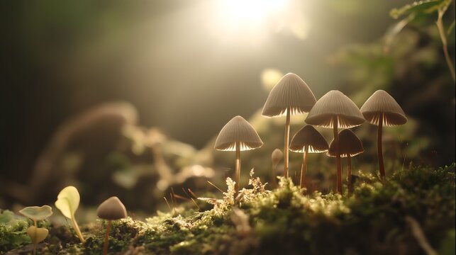 acculturation. Mushrooms growing on forest floor among moss and leaves under sunlight. gardening catalogs, home-decor guides, designed for gardening and botanical catalogs, celebrates nature.