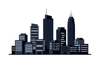 Obraz premium Modern City Skyline Vector Illustration, Isolated Dark Blue Buildings with Glowing Windows for Urban Design and Digital Backgrounds