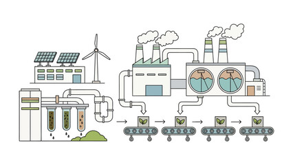Naklejka premium Sustainable factory Process: An artistic representation of a factory process incorporates solar panels and wind turbine. Depicting a commitment to sustainability and eco-friendly practices. 