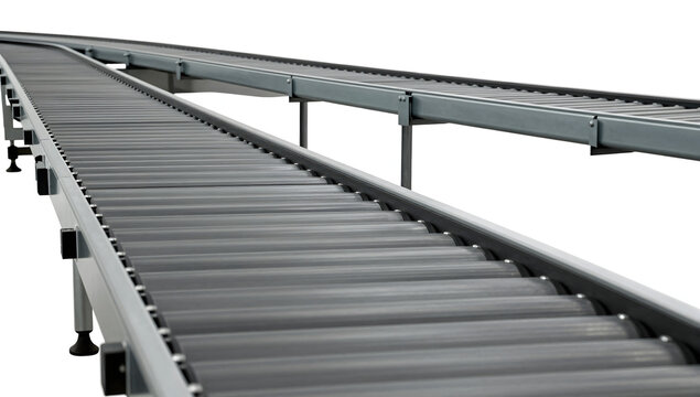 Industrial Conveyor Belts: Two parallel conveyor belts stretch into the distance, showcasing a sleek, functional design commonly utilized in warehouses, factories, and distribution centers. 