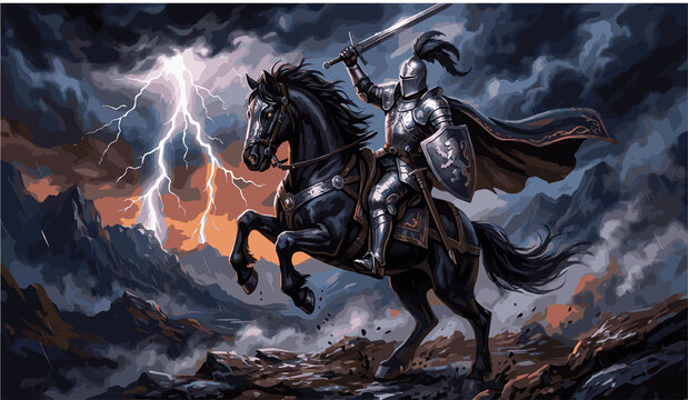 knight, armored knight, medieval knight, fantasy knight, warrior, cavalry, horse rider, black stallion, rearing horse, battle horse, silver armor, plate armor, sword raised, heroic pose, epic battle, 
