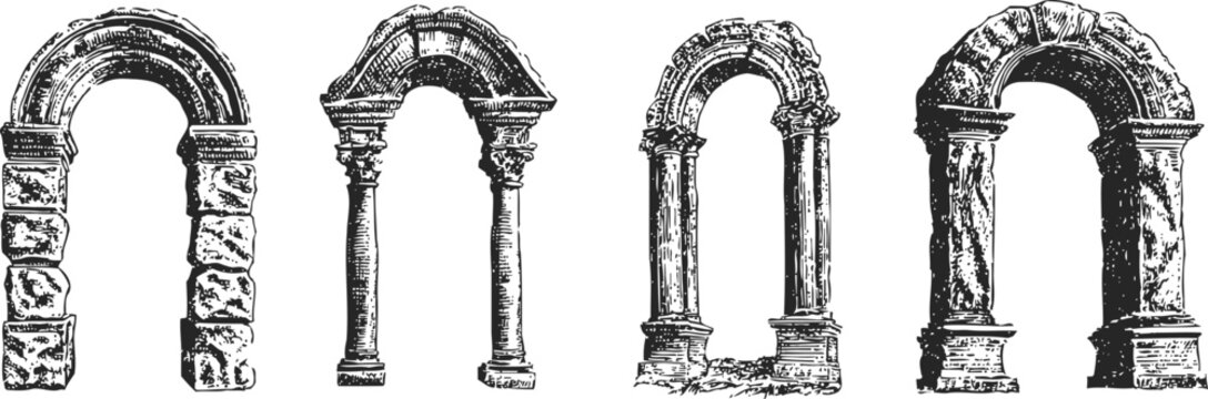 vintage stone archways set ancient architecture elements classical masonry gates and columns collection in black and white sketch