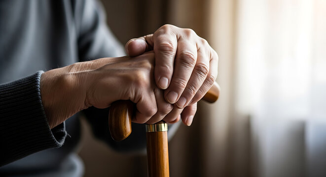 Close-up of an elderly person's hands resting on a wooden cane, symbolizing age and support.