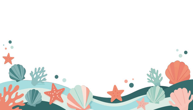 Ocean Wave Border with Seashells, Starfish and Coral Reef Illustration, Isolated Transparent Background for Web Design