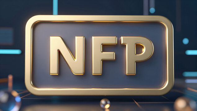 NFT Symbol in Spotlight: A stylized, golden NFP symbol glows against a backdrop of digital aesthetics. It symbolizes the revolutionary realm of non-fungible tokens.