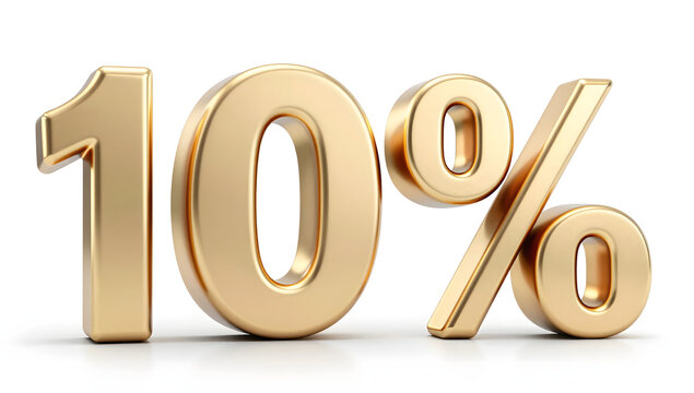 Golden Decade: A gleaming, golden '10%' symbol, representing a decade of excellence or a significant percentage discount. Its elegant design and radiant glow exude luxury and value.