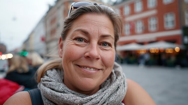 Femme souriante portant une &eacute;charpe dans une rue europ&eacute;enne anim&eacute;e