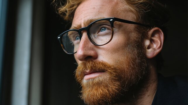Homme barbu roux avec lunettes regardant vers le haut avec expression