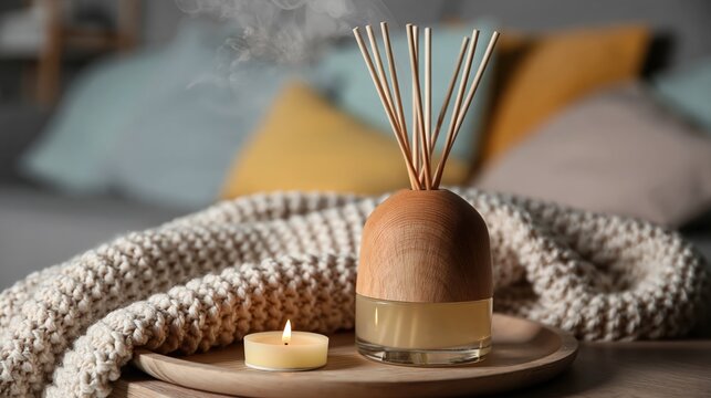 Diffuseur d'ar&ocirc;me en bois avec bougies sur plaid douillet ambiance zen