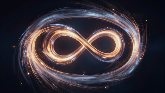 Infinity Symbol: The visual concept of infinity rendered through dynamic light and form, against a backdrop that suggests endless possibilities, and an expansive depth.