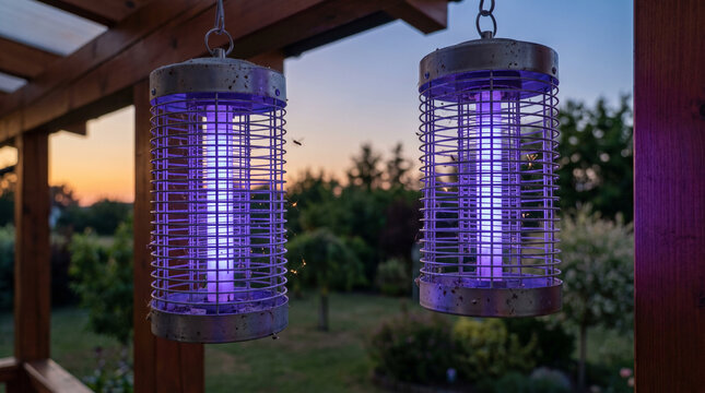 Bug zappers glowing in garden at dusk with purple light  