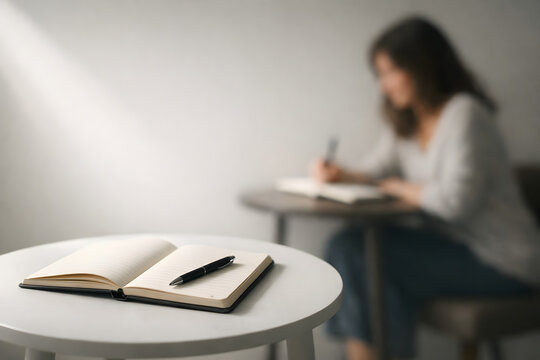 A single mother acknowledges emotional resilience by journaling in a quiet minimalist corner with soft light
