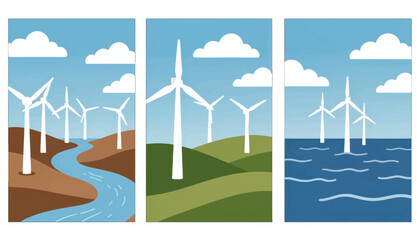Fototapeta premium Wind Turbine Farm Vector Illustration, Renewable Energy Icons Isolated on Transparent Background for Web and App Design