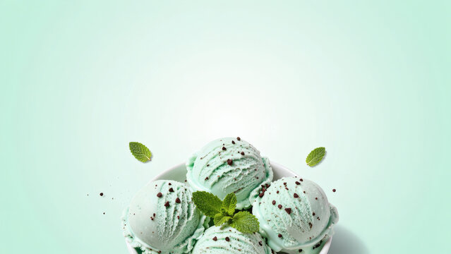 Composition de Glace menthe-chocolat en flat lay design sur fond vert pastel. Espace de texte libre 