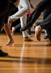 Fototapeta premium Close-up of dancers' feet in motion on a polished wooden floor during a performance or rehearsal.
