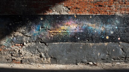 Fototapeta premium Weathered brick wall with vibrant space graffiti and a dark copy space for bold messaging