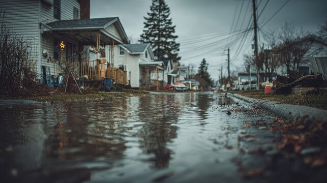 Waterlogged neighborhood: homes partially submerged and reflective water surface