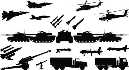 Obraz premium Silhouettes of military vehicles aircraft tanks and weaponry in a modern defense concept showcasing power and technology